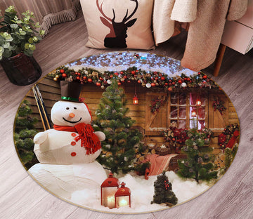 3D Snow Wooden House 54083 Christmas Round Non Slip Rug Mat Xmas