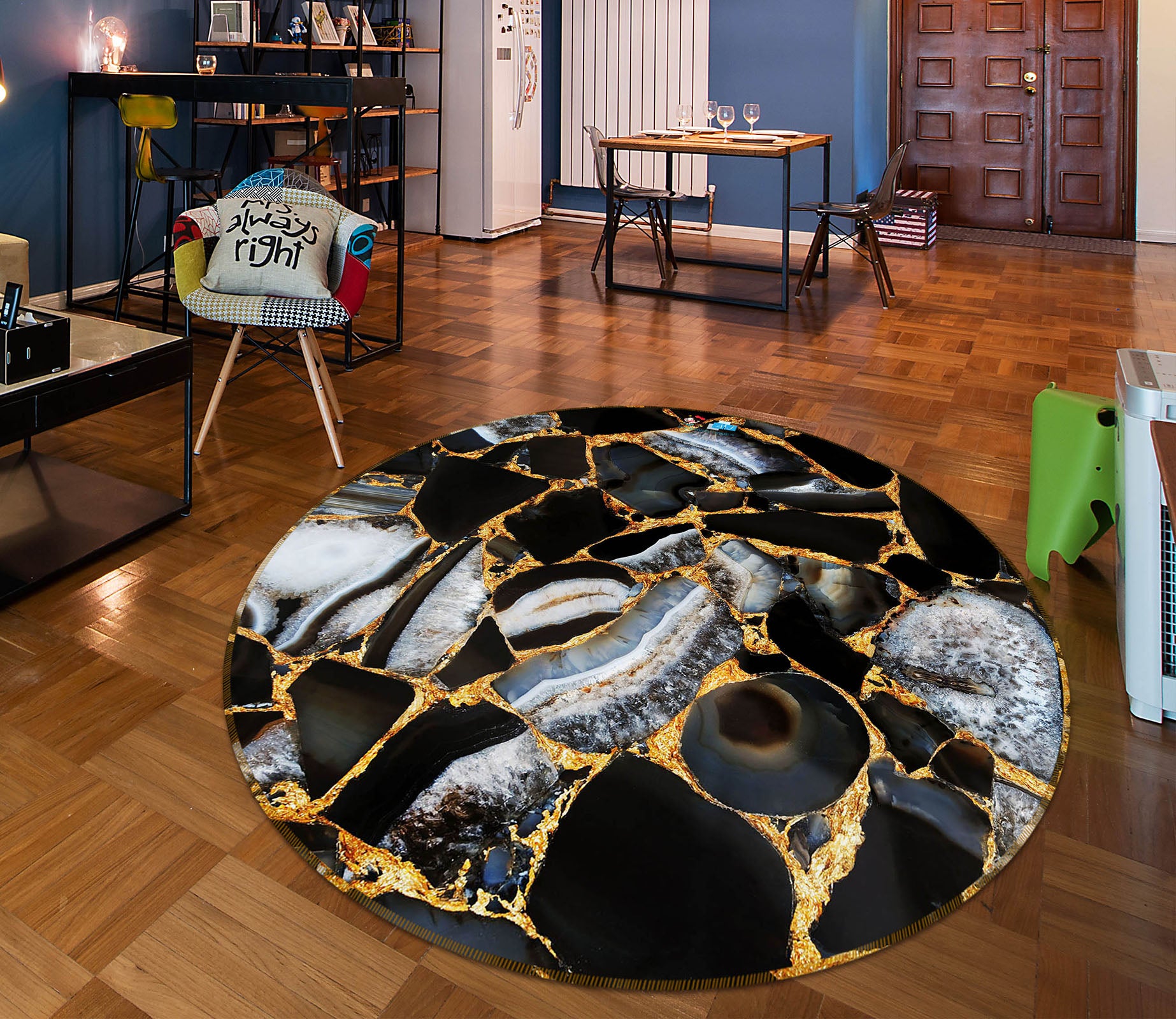 3D Black Gold Marble Pattern 71130 Round Non Slip Rug Mat
