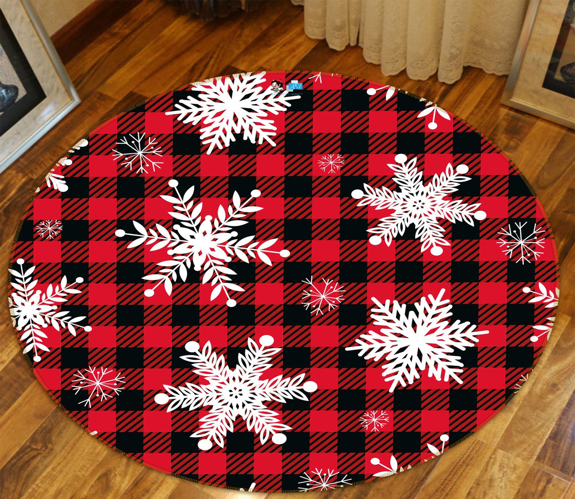 3D Snowflake Red Black Grid 54085 Christmas Round Non Slip Rug Mat Xmas
