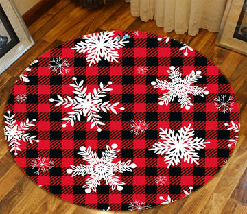 3D Snowflake Red Black Grid 54085 Christmas Round Non Slip Rug Mat Xmas