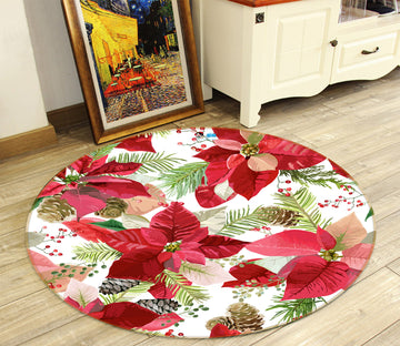 3D Red Leaves Flowers 54043 Christmas Round Non Slip Rug Mat Xmas