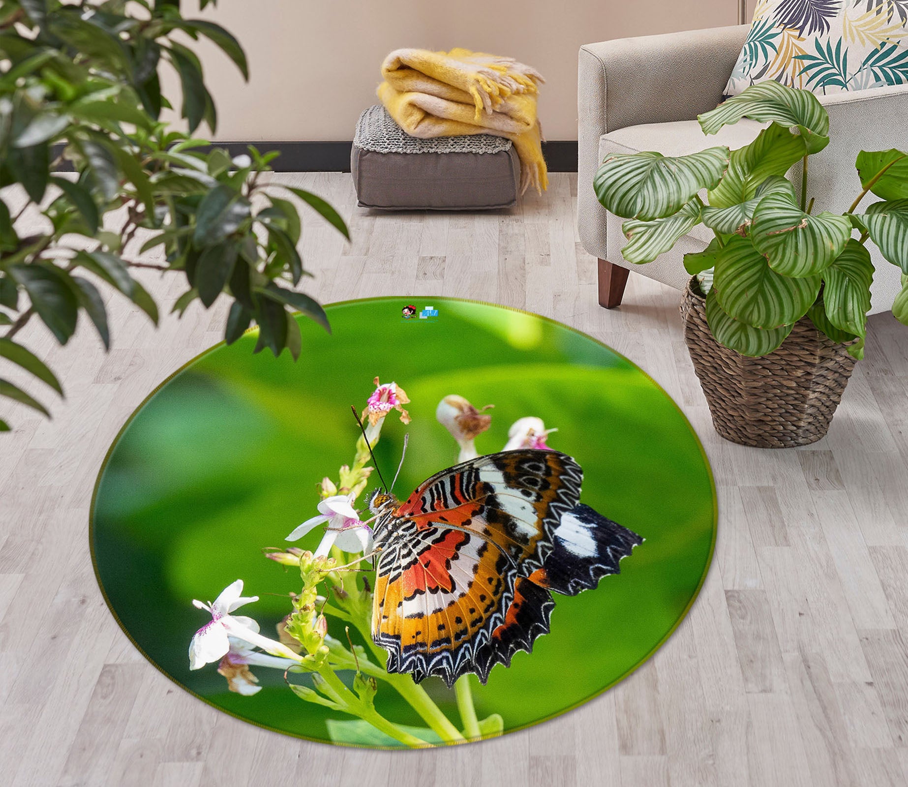 3D Butterfly 75118 Round Non Slip Rug Mat