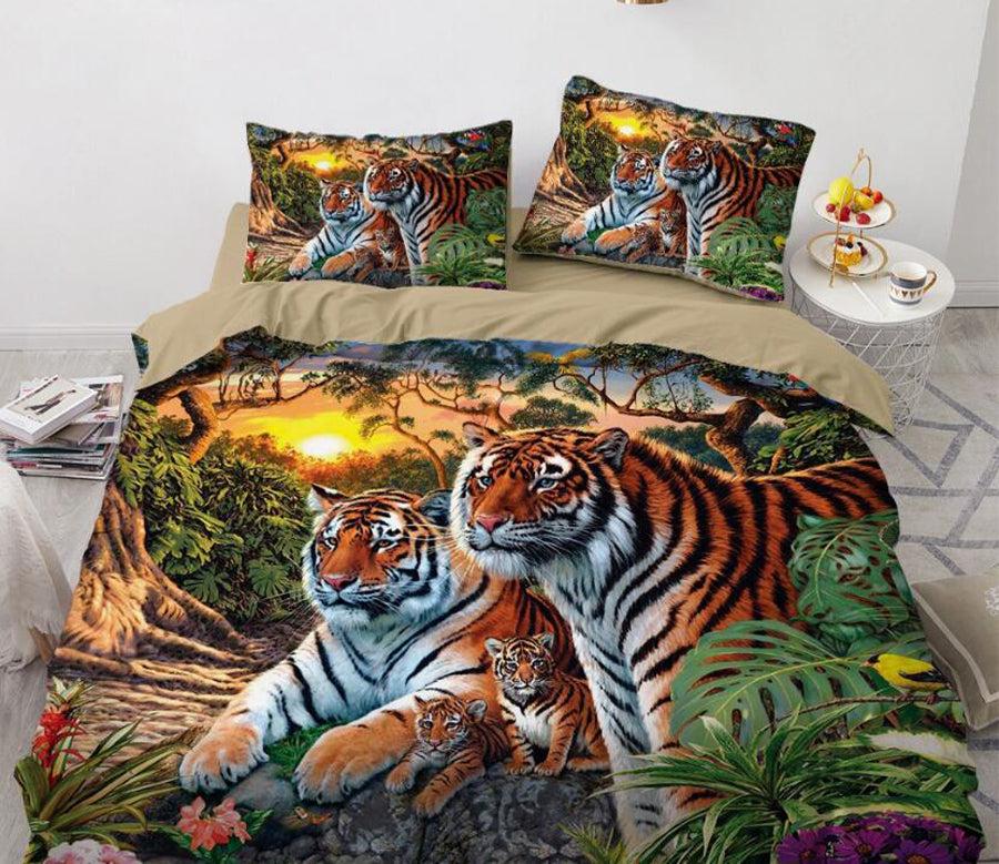 3D Forest Two Tigers 9956 Bed Pillowcases Quilt