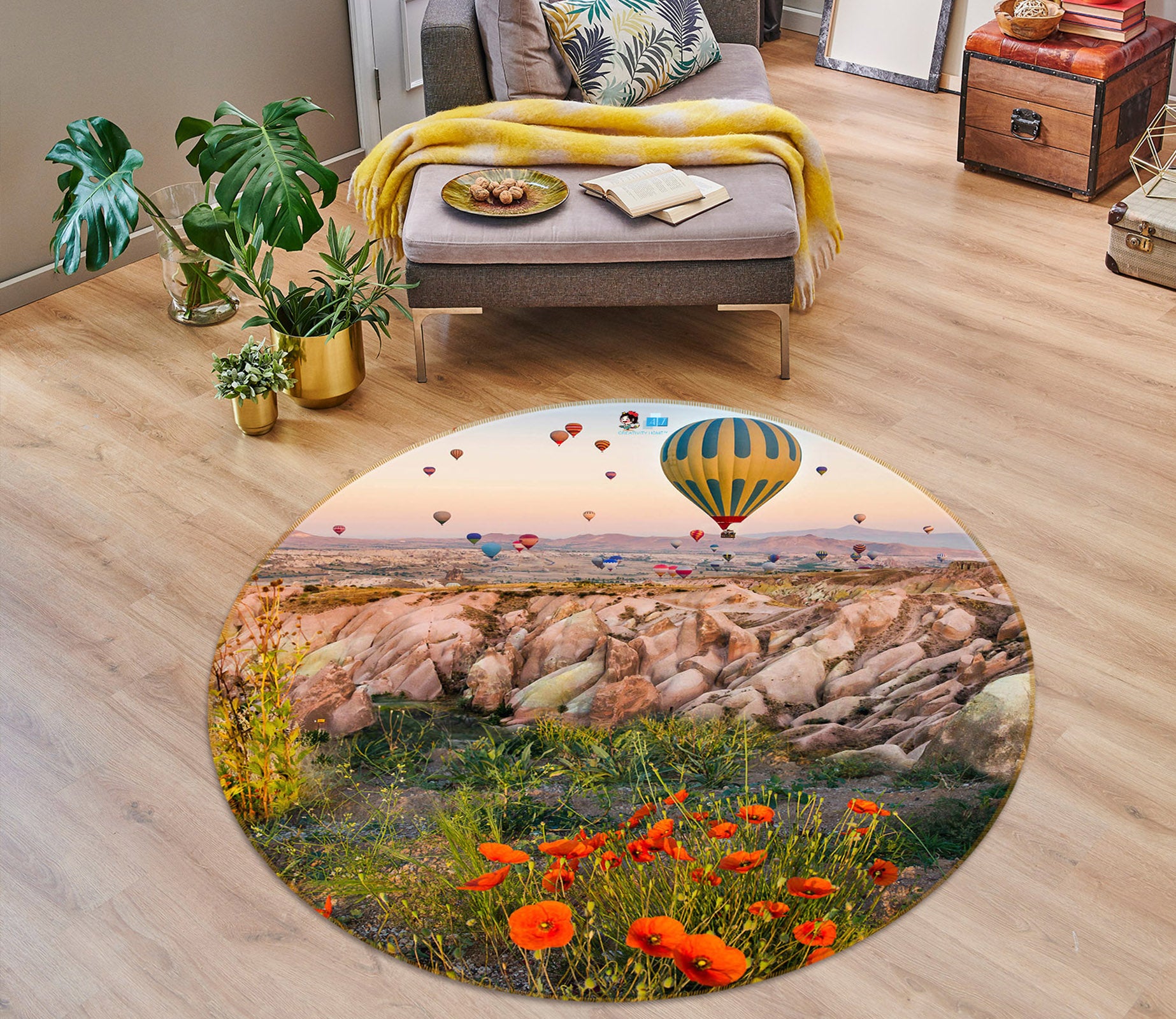3D Hot Air Balloon Flower Bush 75038 Round Non Slip Rug Mat