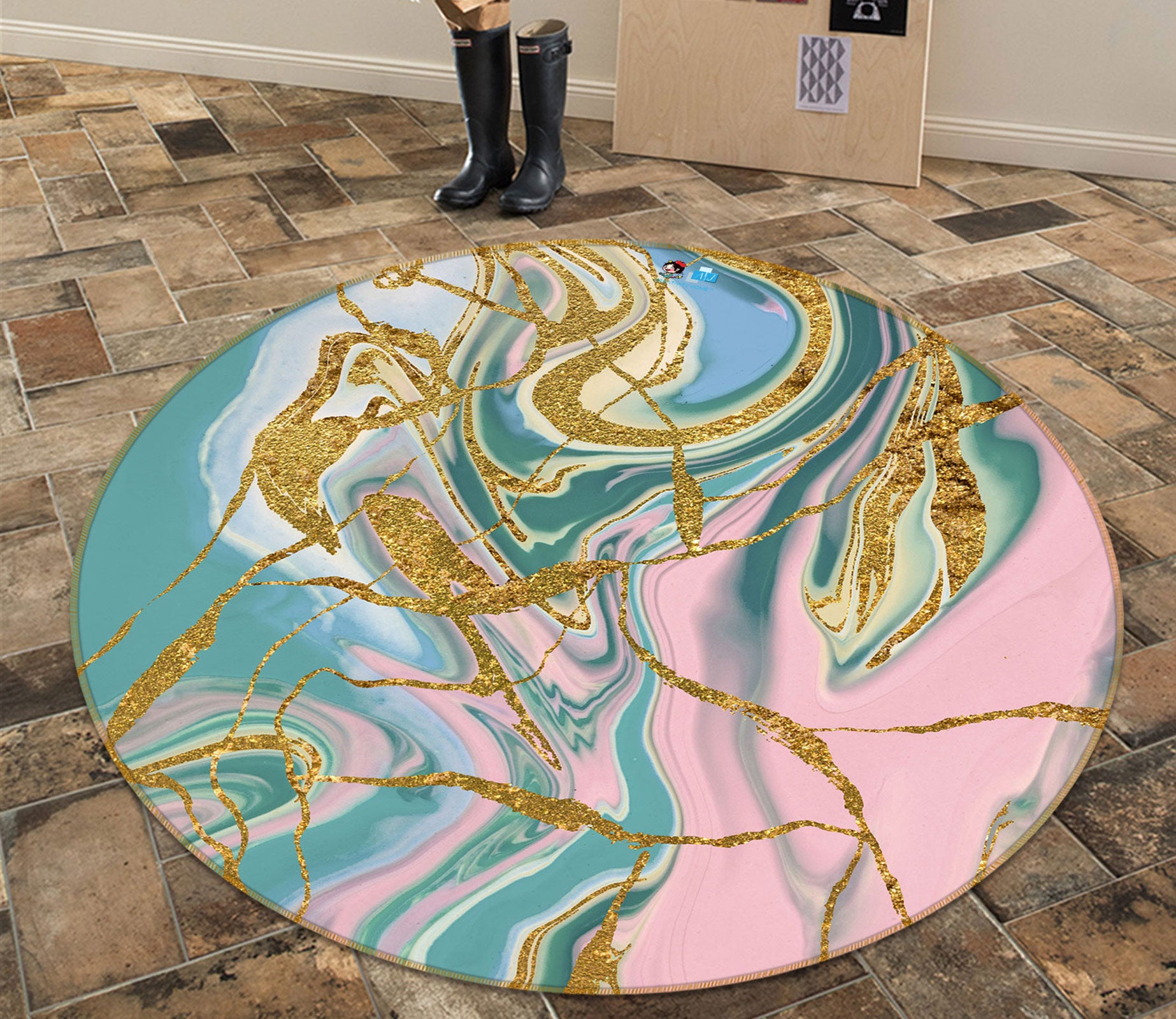 3D Pink Green Texture 81194 Round Non Slip Rug Mat
