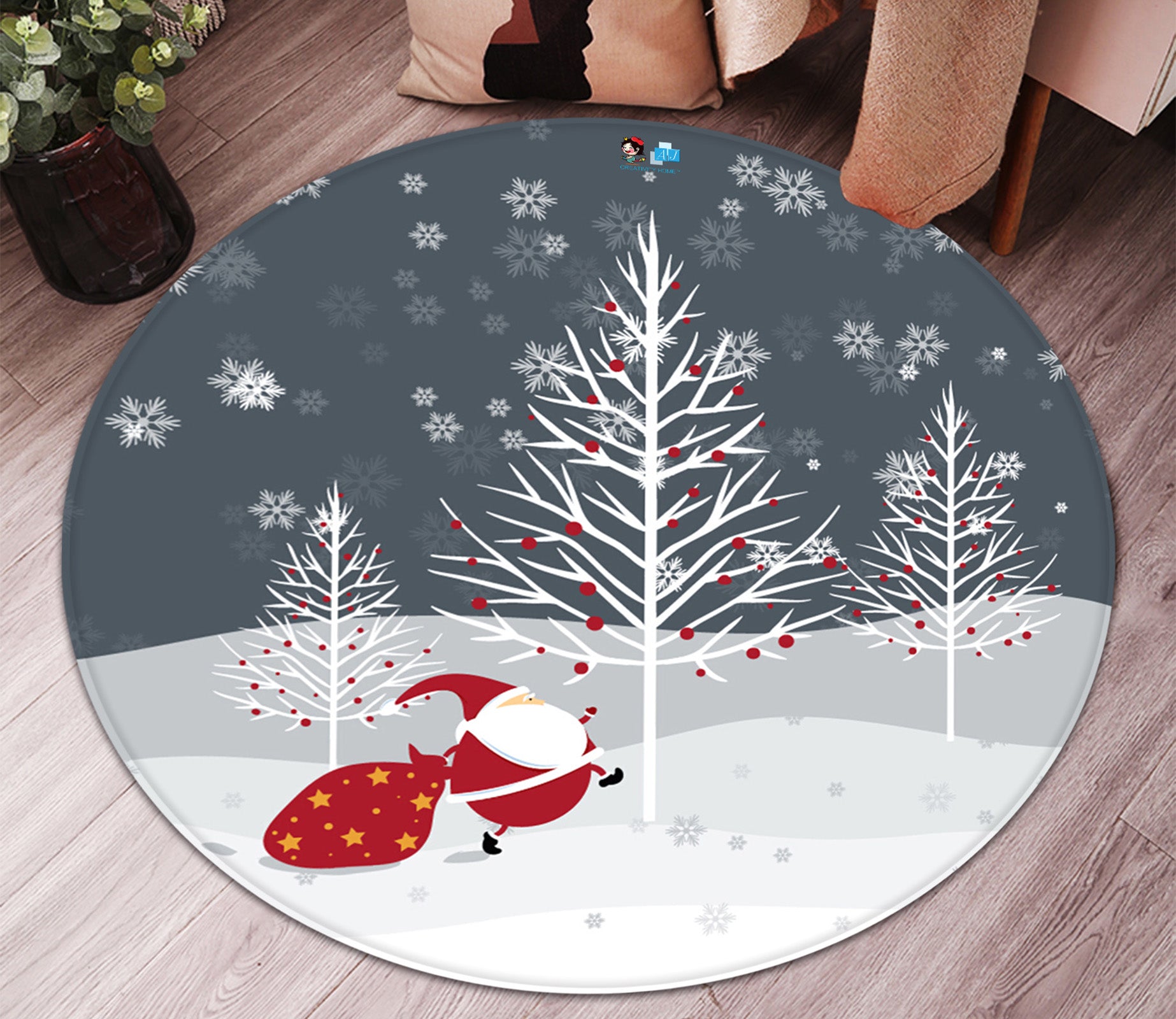 3D Snow Tree Santa Claus 66026 Christmas Round Non Slip Rug Mat Xmas