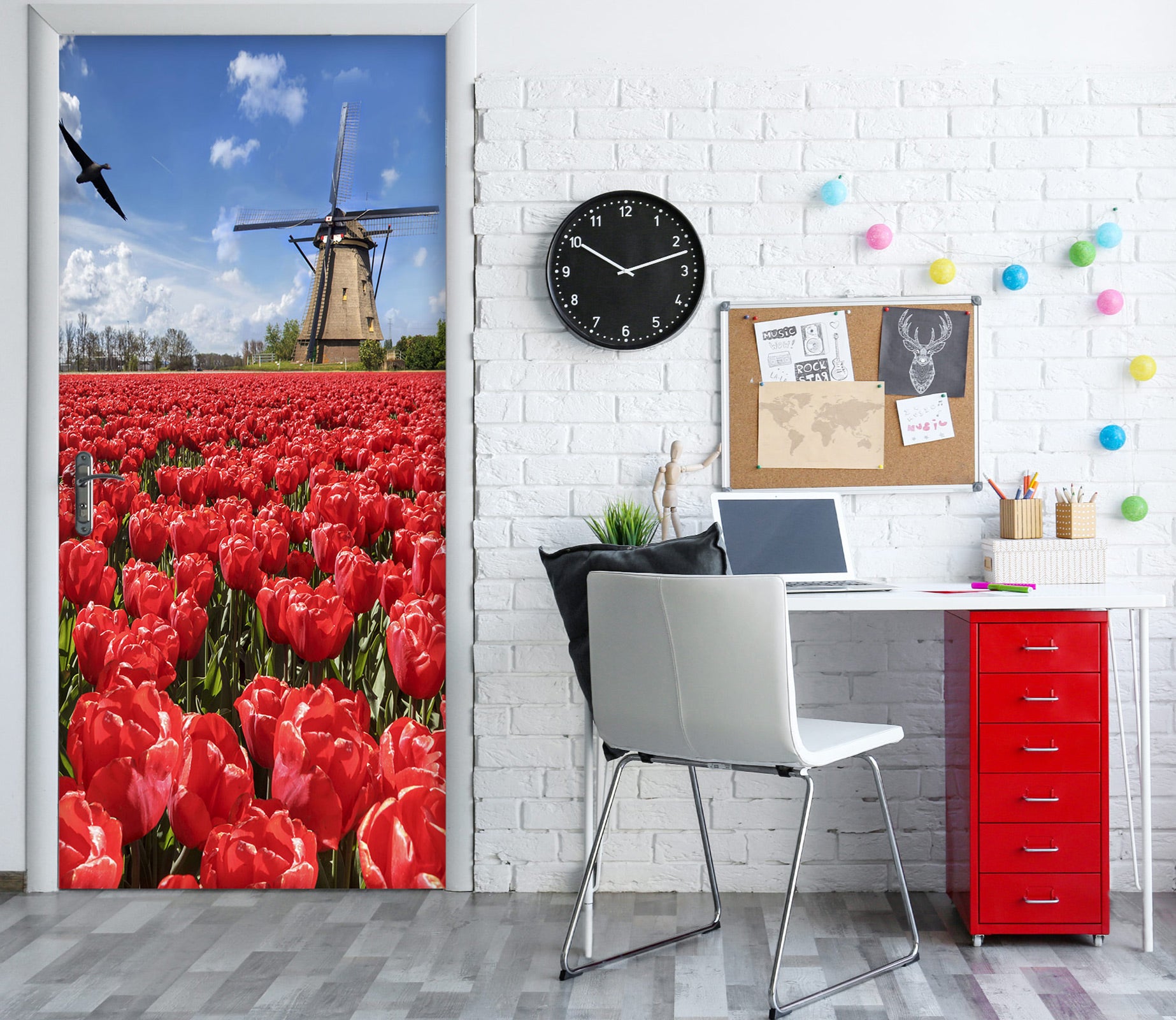 3D Red Flowers Windmill 23218 Door Mural