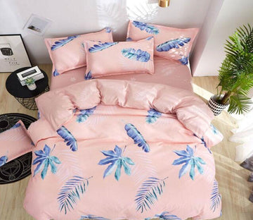 3D Pink Background Blue Leaves 5102 Bed Pillowcases Quilt