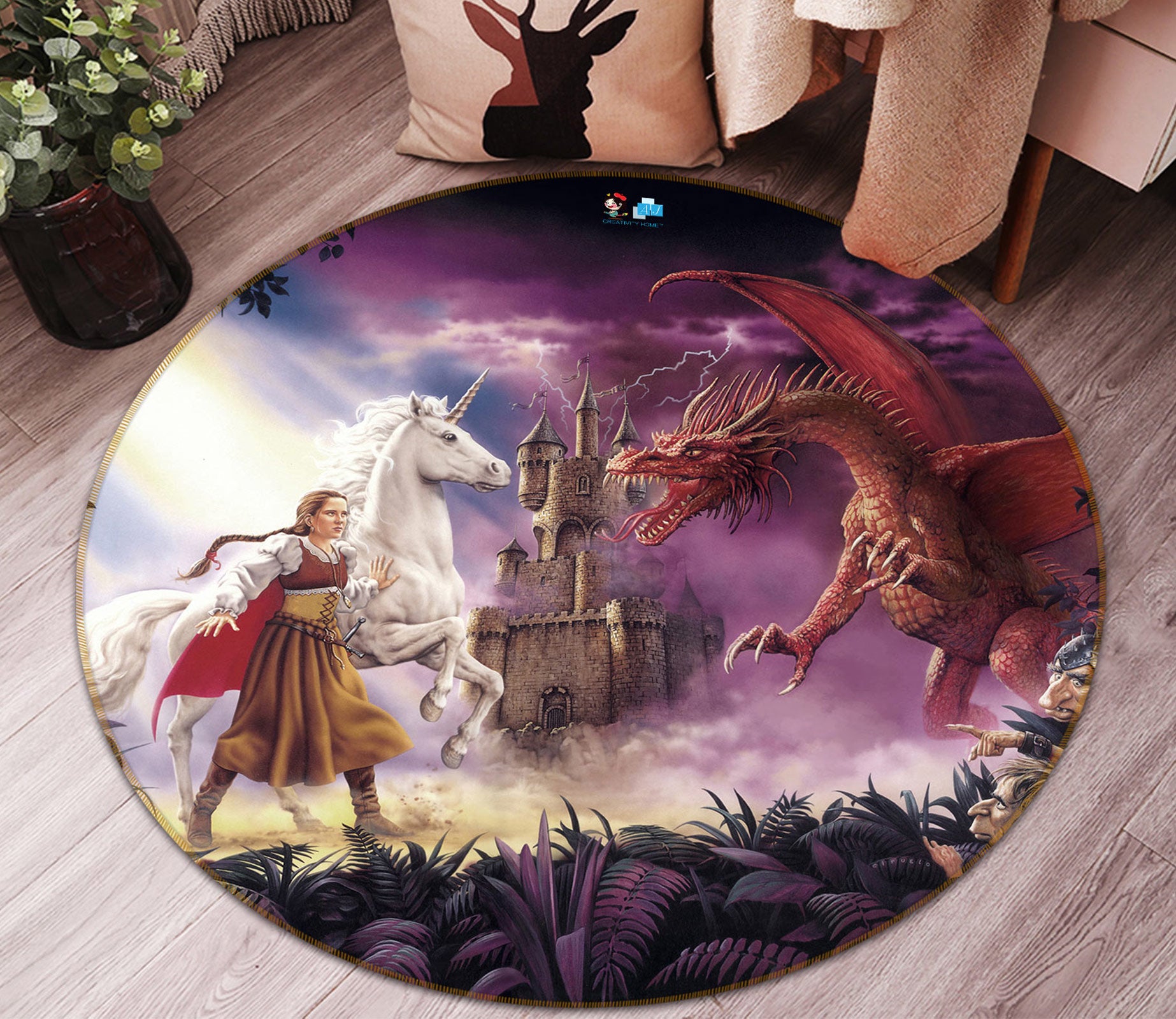 3D White Unicorn Red Dragon Castle 6073 Ciruelo Rug Round Non Slip Rug Mat