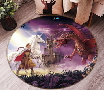 3D White Unicorn Red Dragon Castle 6073 Ciruelo Rug Round Non Slip Rug Mat