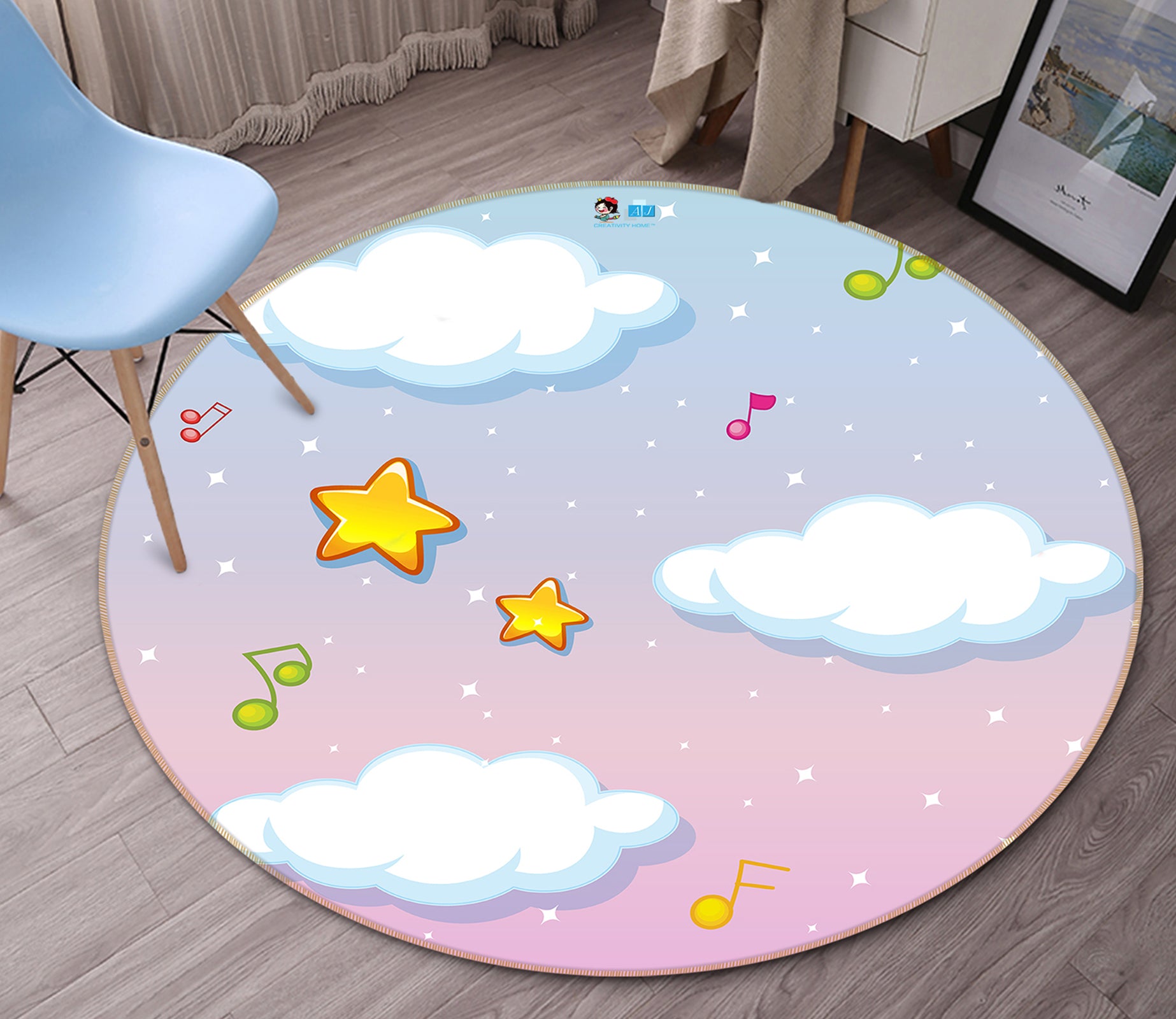 3D Clouds Yellow Stars 81146 Round Non Slip Rug Mat