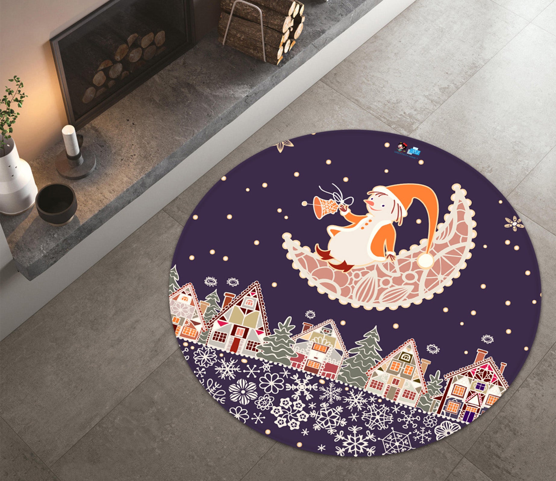 3D Santa Moon Houses Snowflakes 66021 Christmas Round Non Slip Rug Mat Xmas