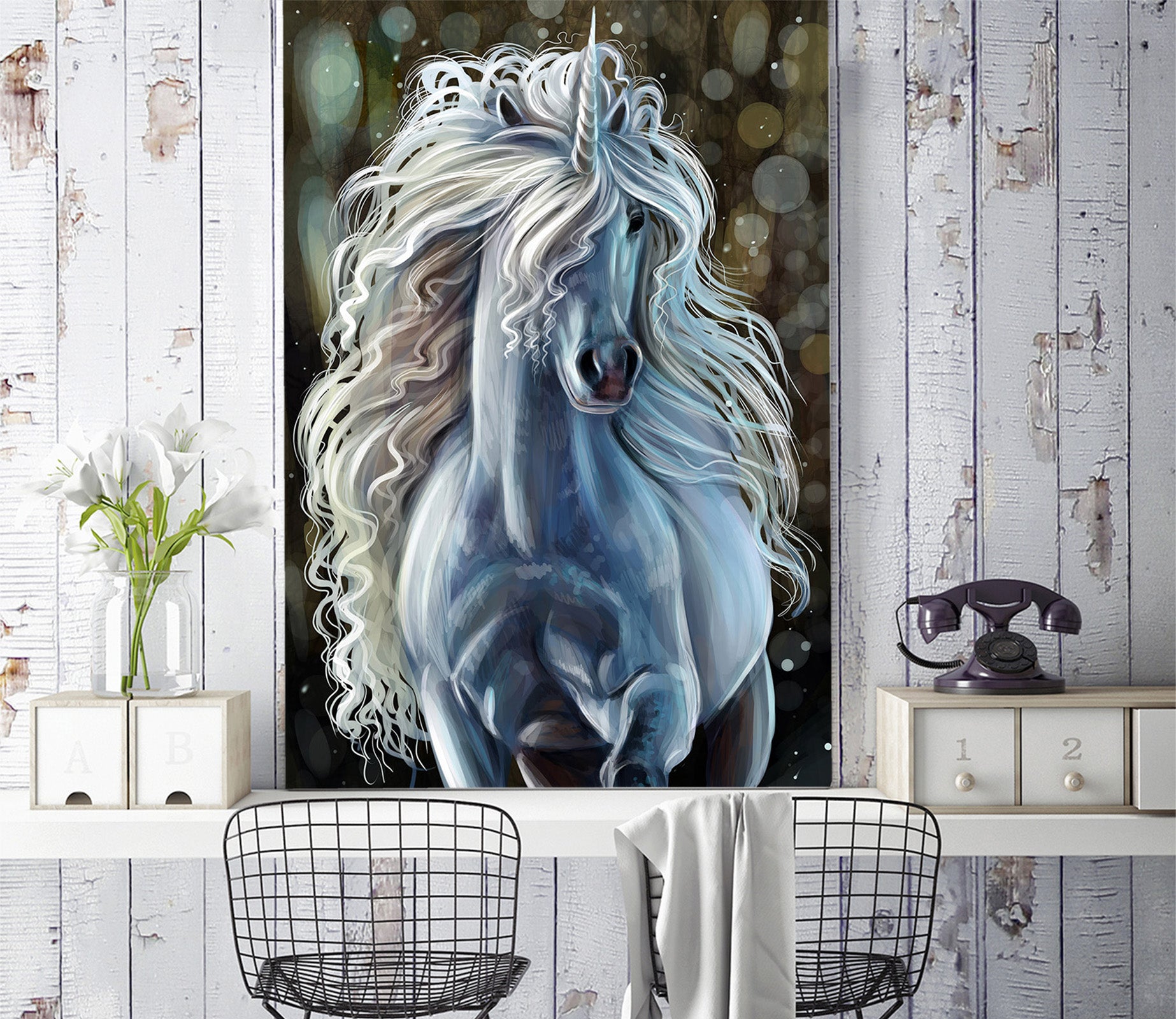 3D White Unicorn 123 Wall Murals