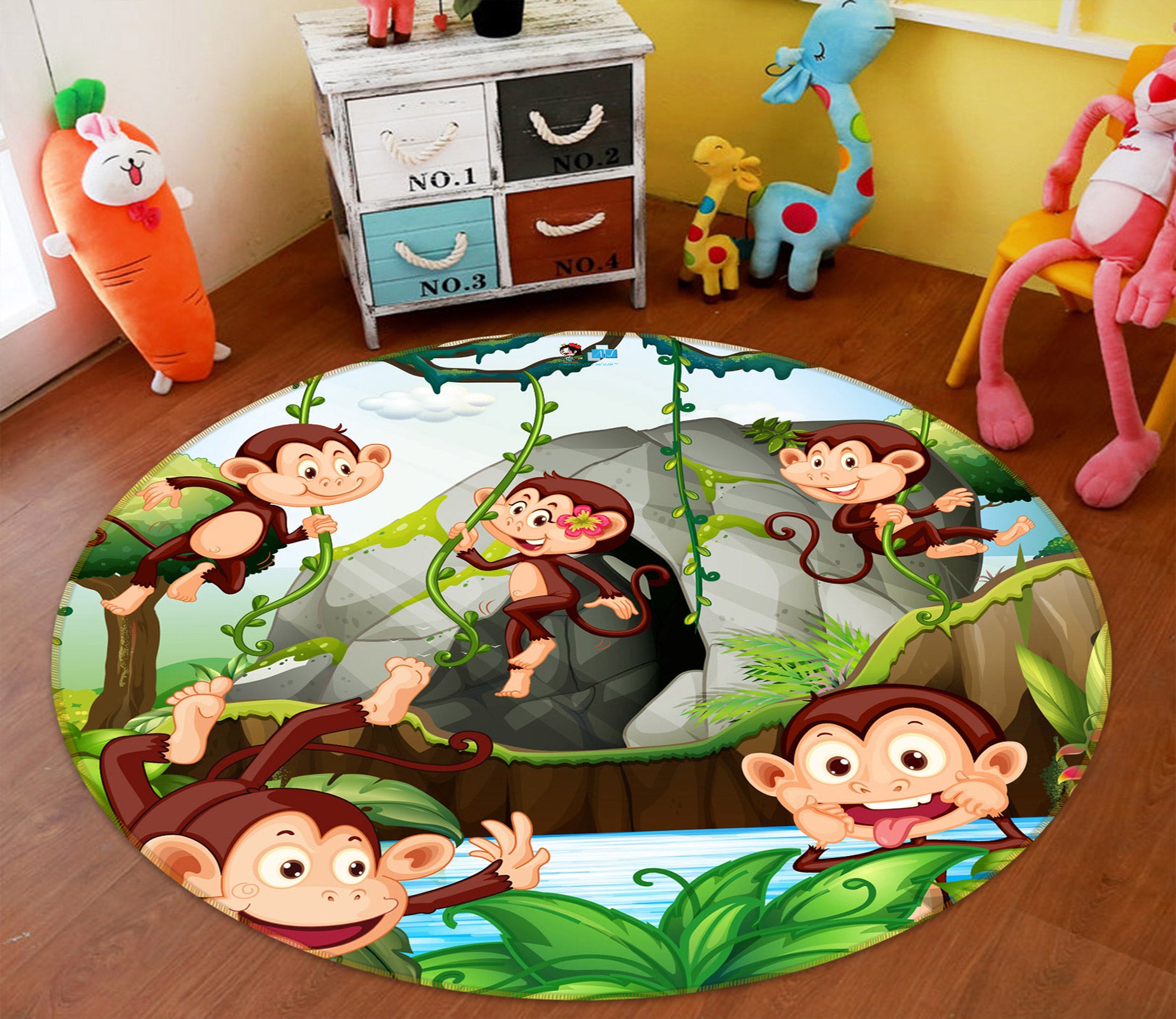 3D Trees Monkey 81238 Round Non Slip Rug Mat