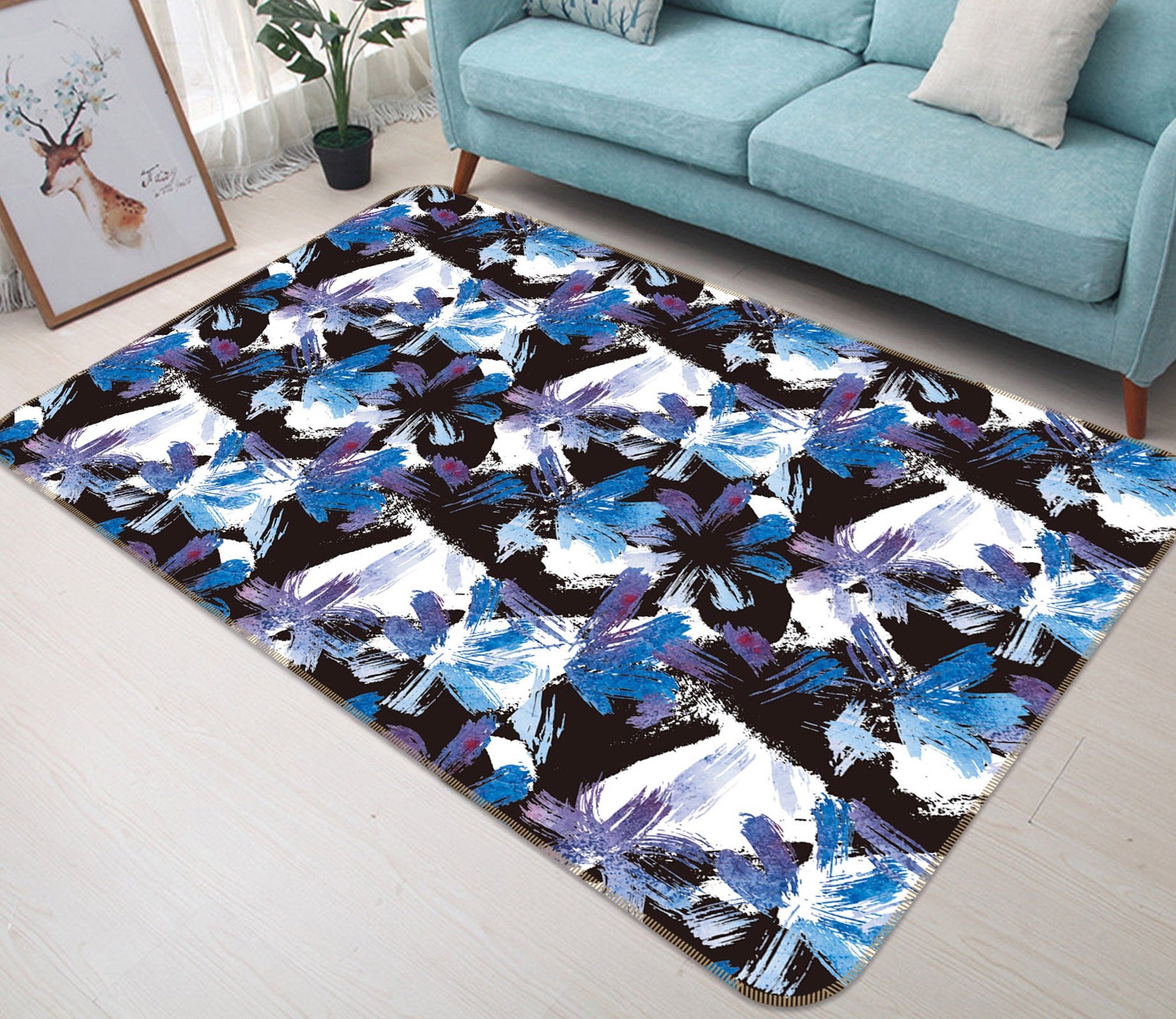 3D Blue Flowers 35046 Non Slip Rug Mat