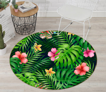 3D Leaves Flowers 81248 Round Non Slip Rug Mat