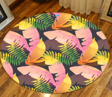 3D Pink Green Leaves 64084 Round Non Slip Rug Mat