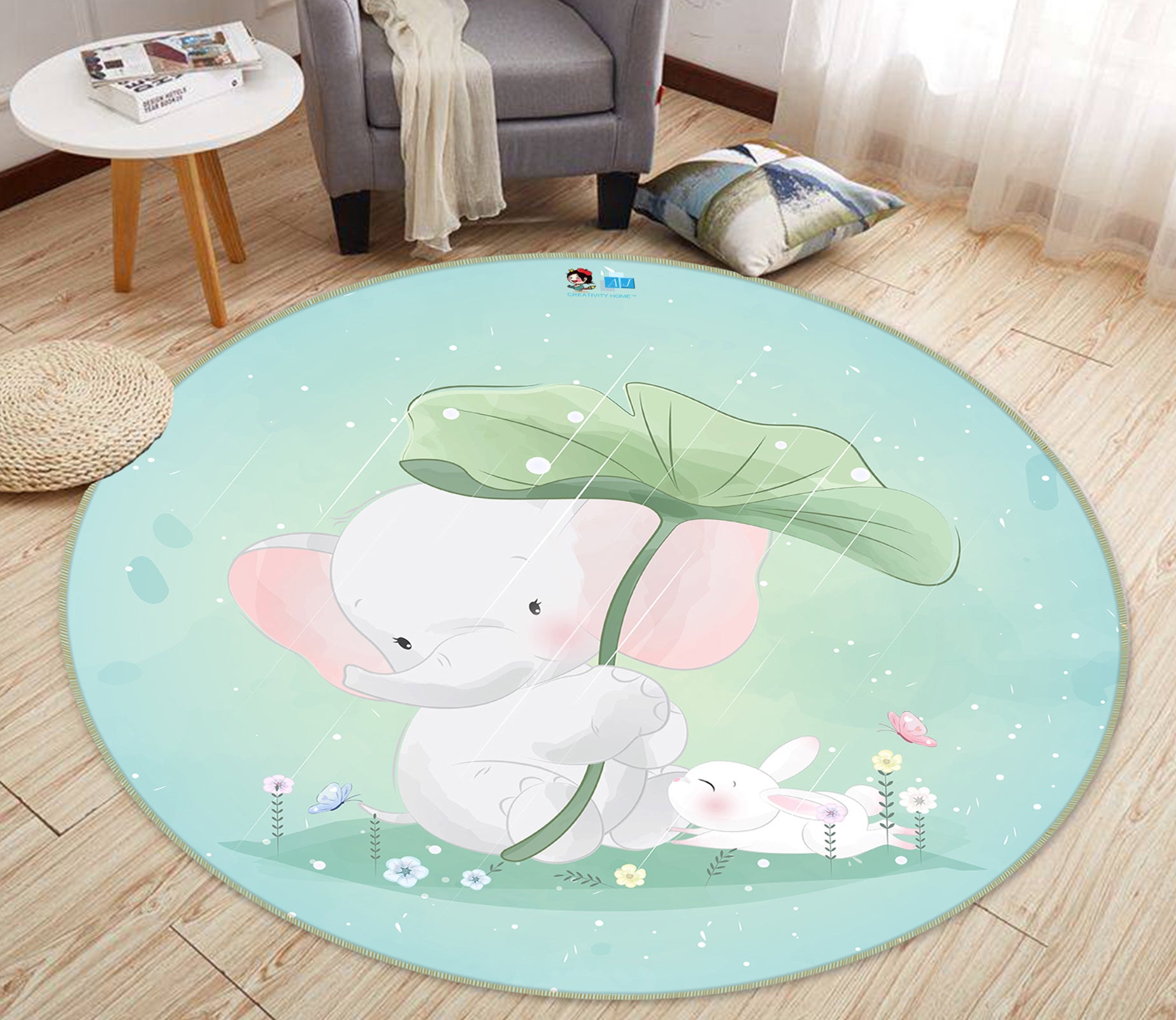 3D Elephant Lotus Leaf 74226 Round Non Slip Rug Mat