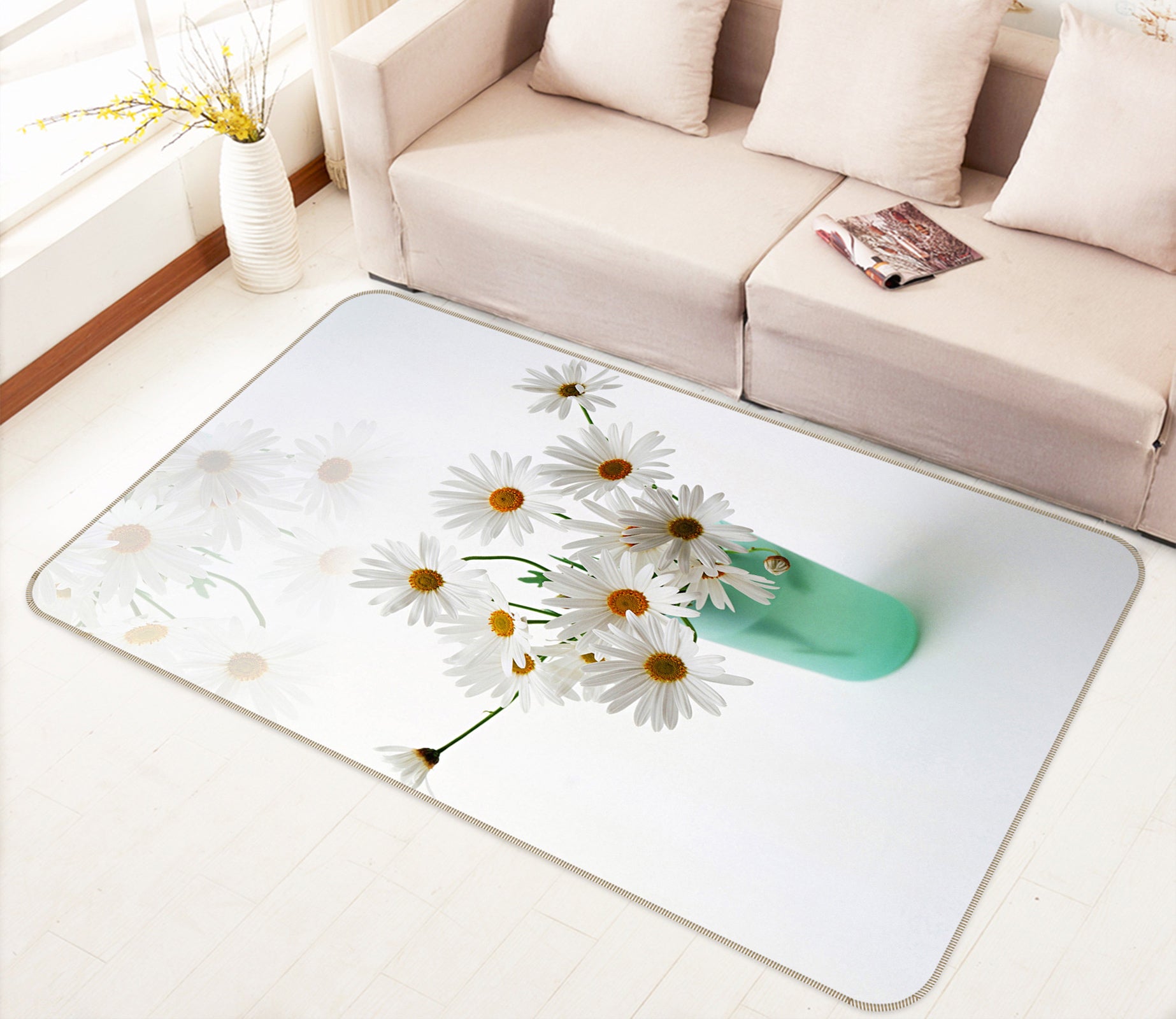 3D Small White Chrysanthemum 76132 Non Slip Rug Mat