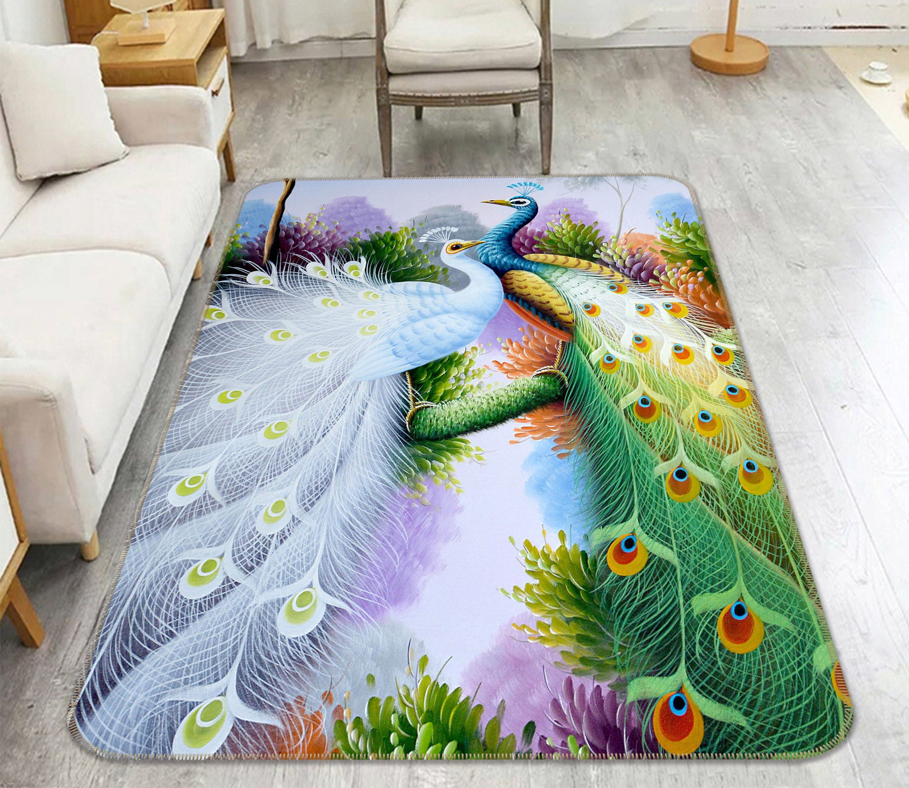 3D White Green Peacock 65168 Non Slip Rug Mat