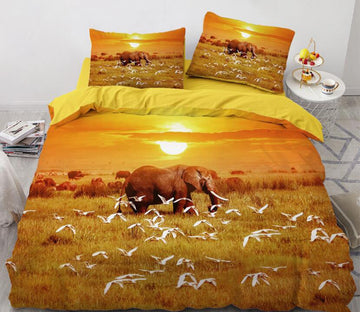 3D Sunset Grassland Elephant  11136 Bed Pillowcases Quilt