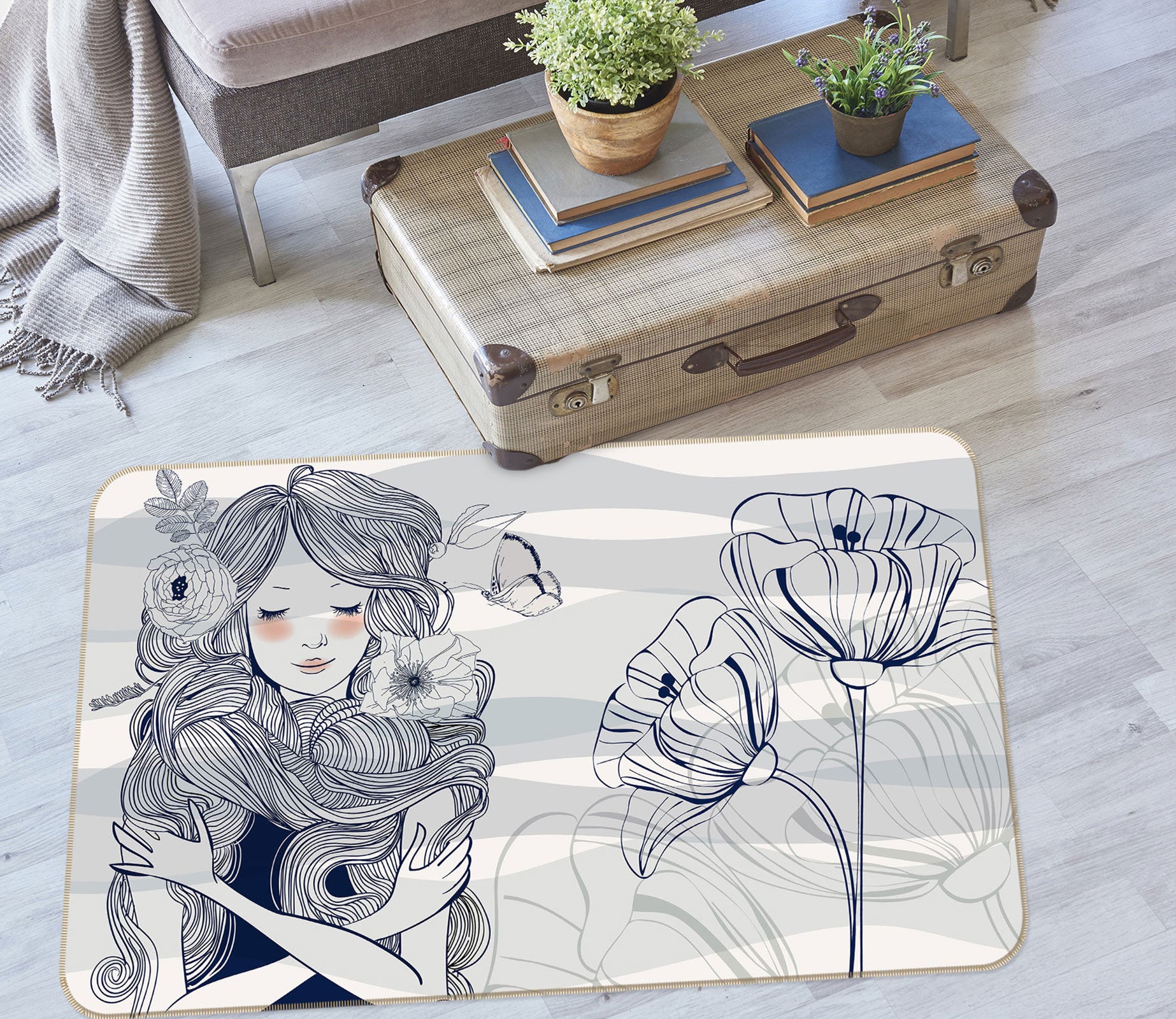 3D Black White Girl Flowers 76299 Non Slip Rug Mat