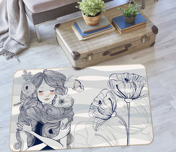 3D Black White Girl Flowers 76299 Non Slip Rug Mat