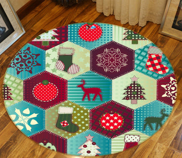3D Hexagon Deer Pattern 54036 Christmas Round Non Slip Rug Mat Xmas