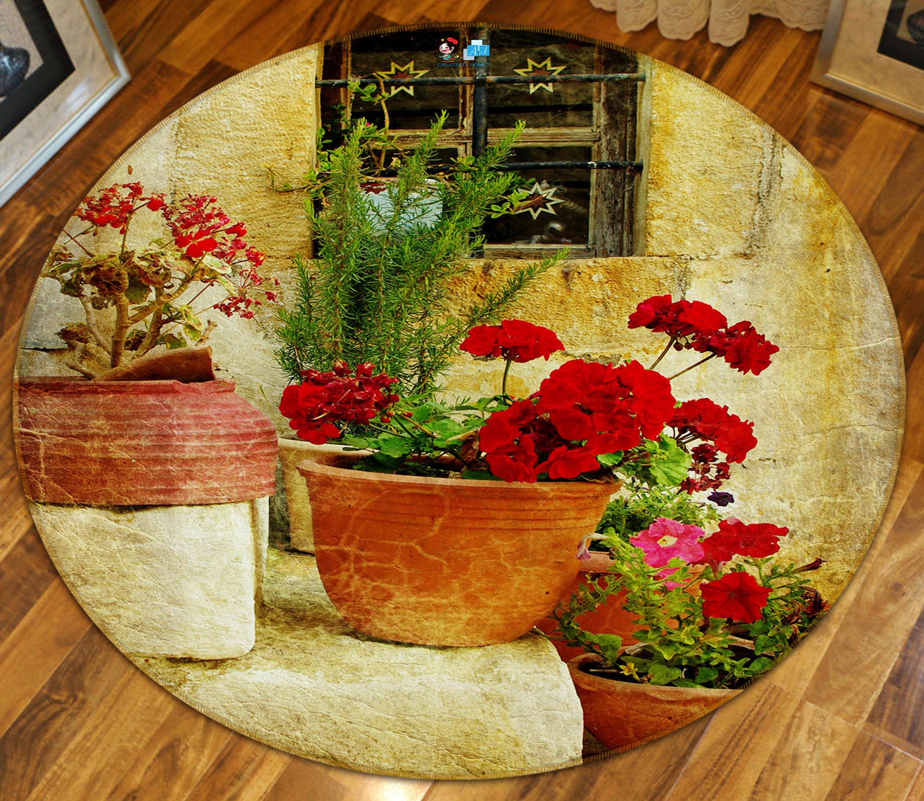 3D Flower Pot 74021 Round Non Slip Rug Mat