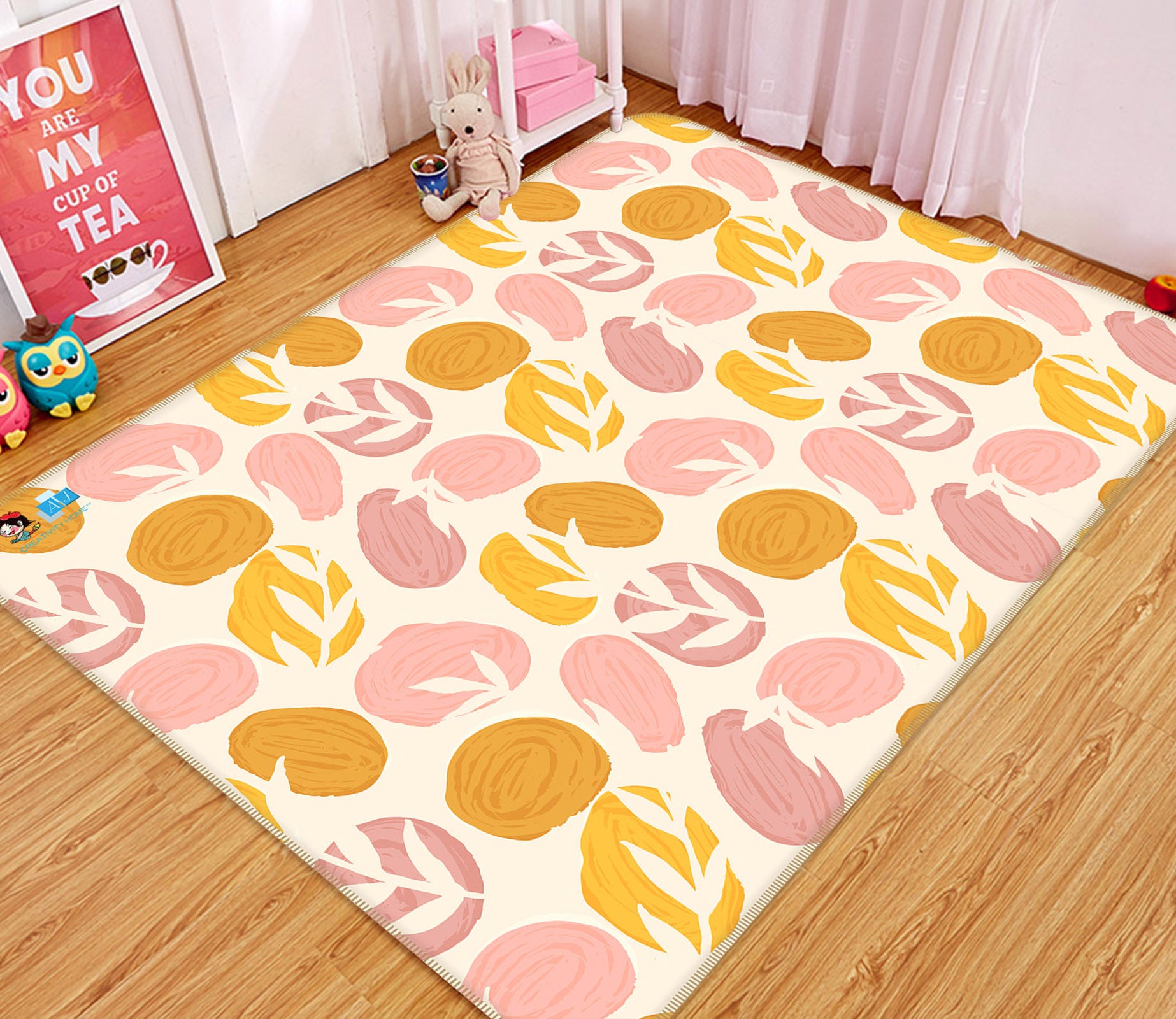 3D Pink Yellow Circle Leaf Pattern 107101 Kashmira Jayaprakash Rug Non Slip Rug Mat