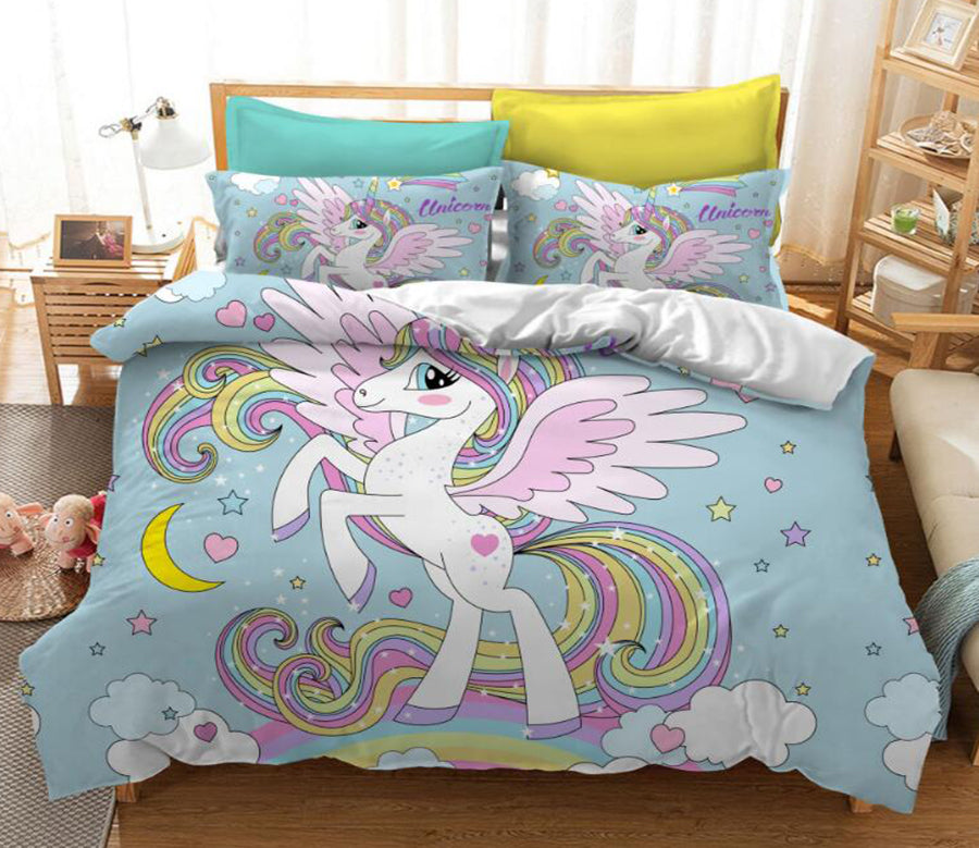 3D Colorful Long Hair Unicorn 6070 Bed Pillowcases Quilt