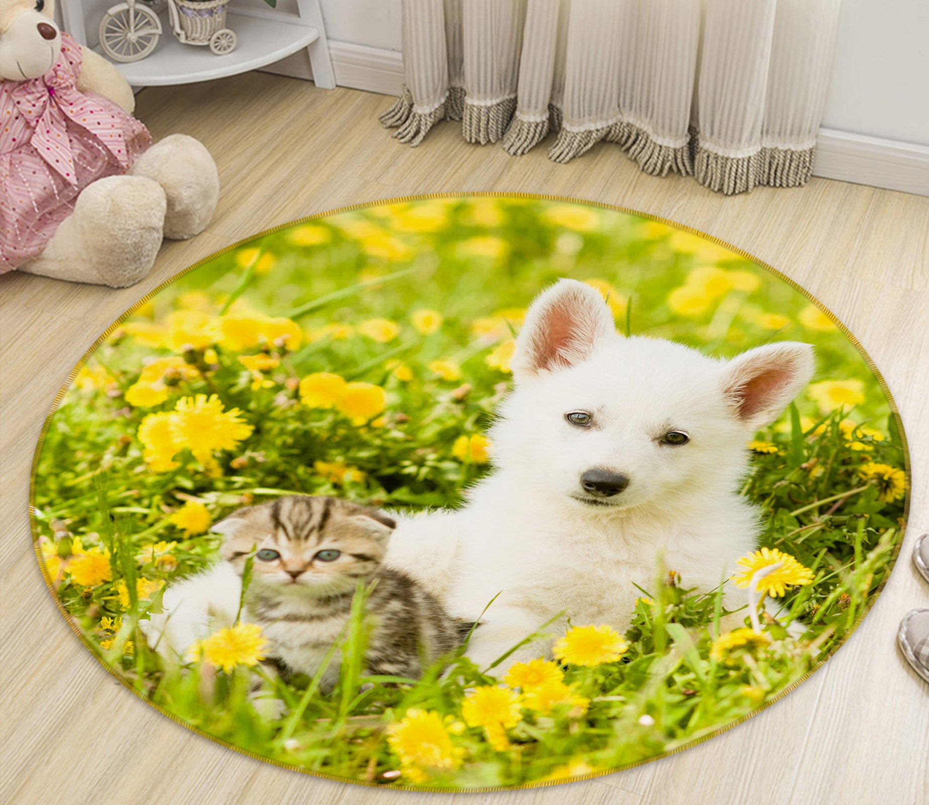 3D White Dog Kitten 29079 Round Non Slip Rug Mat