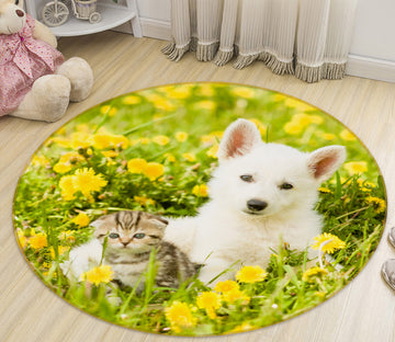 3D White Dog Kitten 29079 Round Non Slip Rug Mat