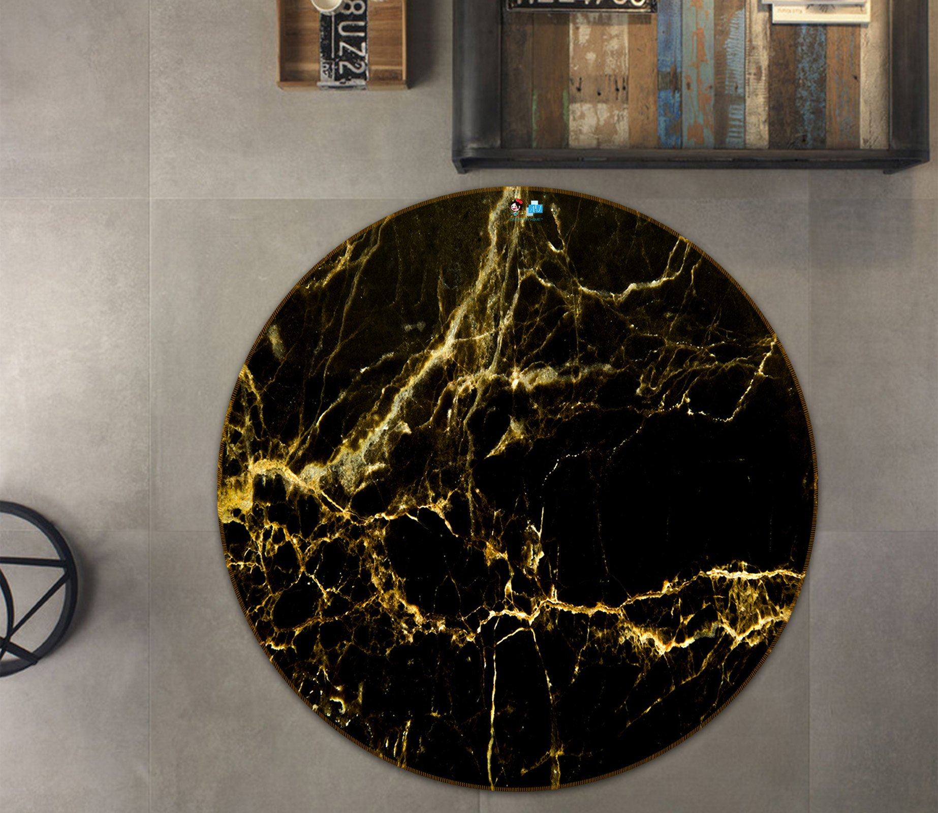 3D Black And Yellow Marble Texture 6 Round Non Slip Rug Mat Mat AJ Creativity Home 