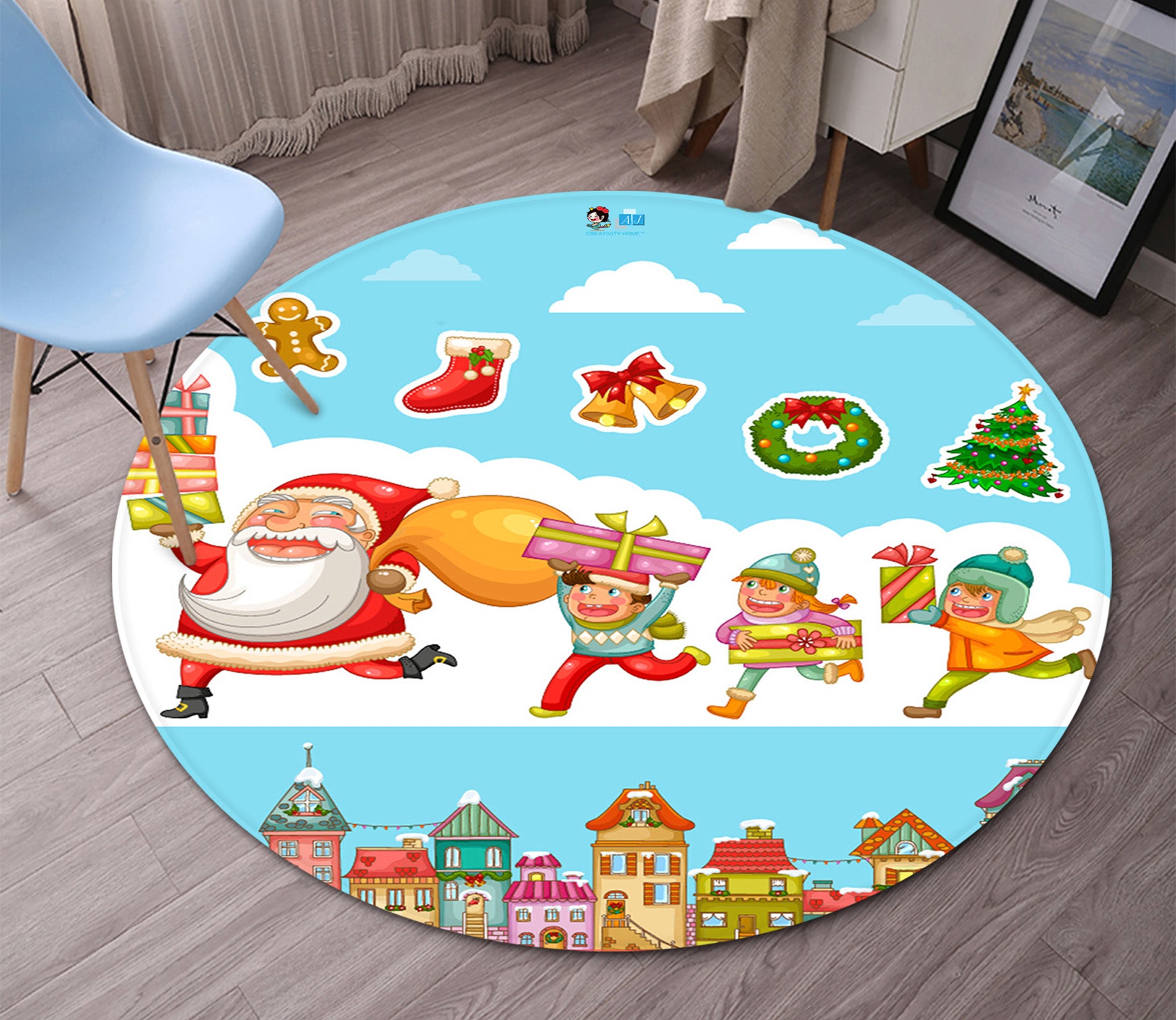 3D Santa Gift 66004 Christmas Round Non Slip Rug Mat Xmas
