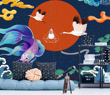 3D Chinoiserie Blue Fish 1390 Wall Mural Wall Murals Wallpaper AJ Wallpaper 2 