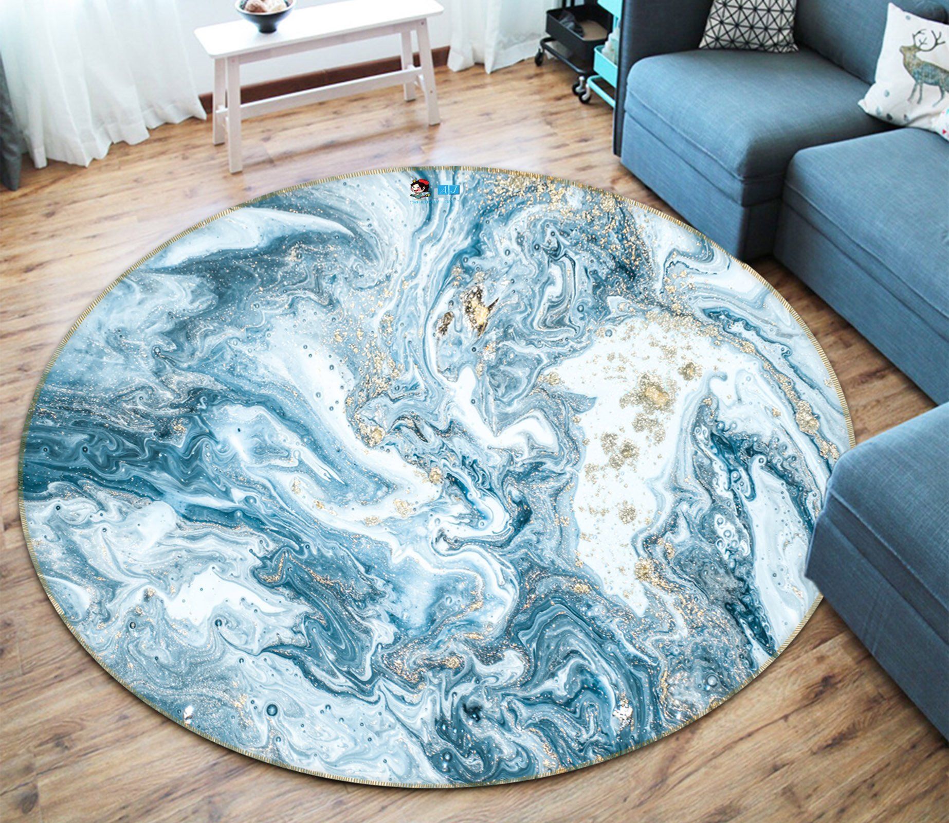 3D Light Blue Wave 150 Round Non Slip Rug Mat Mat AJ Creativity Home 
