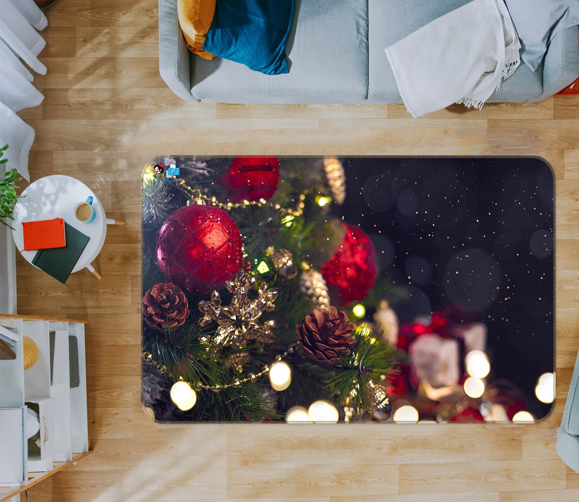 3D Tree Red Ball 55017 Christmas Non Slip Rug Mat Xmas
