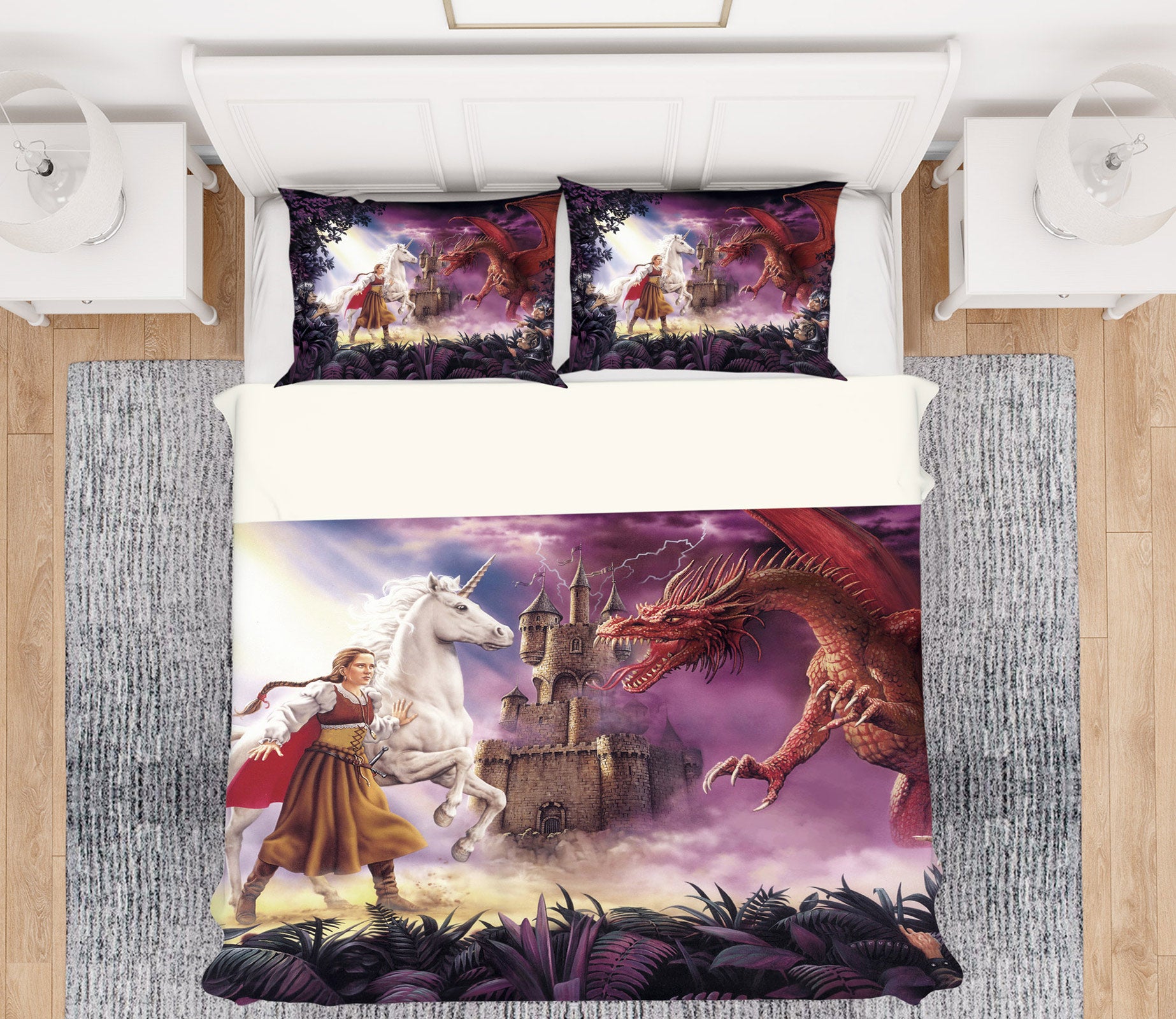 3D White Unicorn Red Dragon Castle 6184 Ciruelo Bedding Bed Pillowcases Quilt