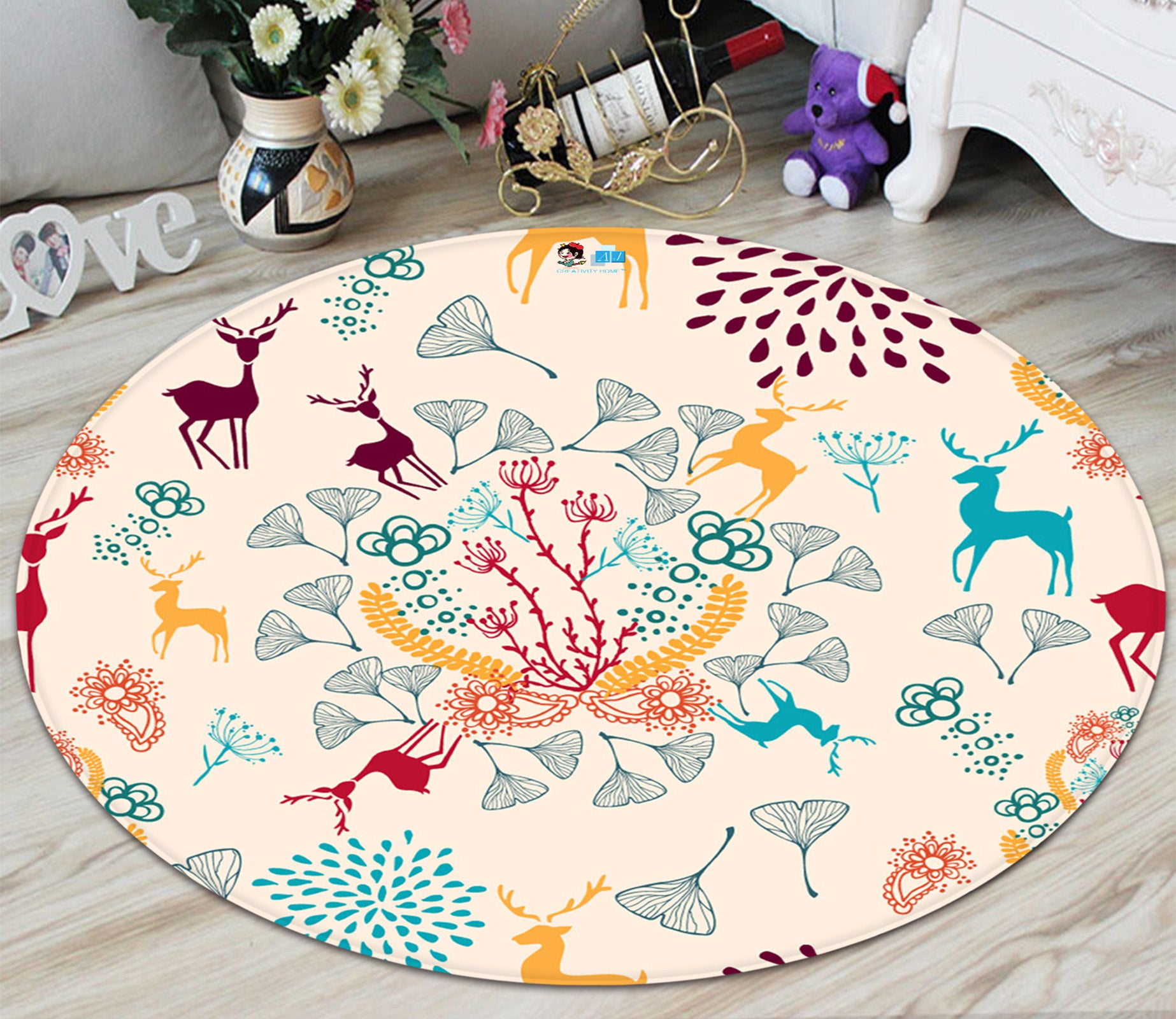 3D Deer Ginkgo Biloba 66002 Christmas Round Non Slip Rug Mat Xmas