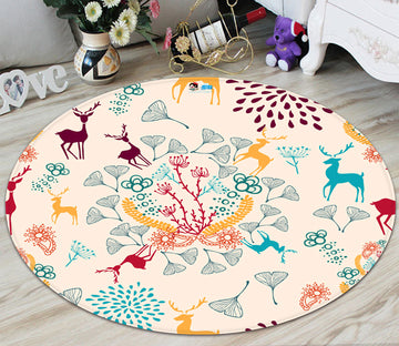 3D Deer Ginkgo Biloba 66002 Christmas Round Non Slip Rug Mat Xmas