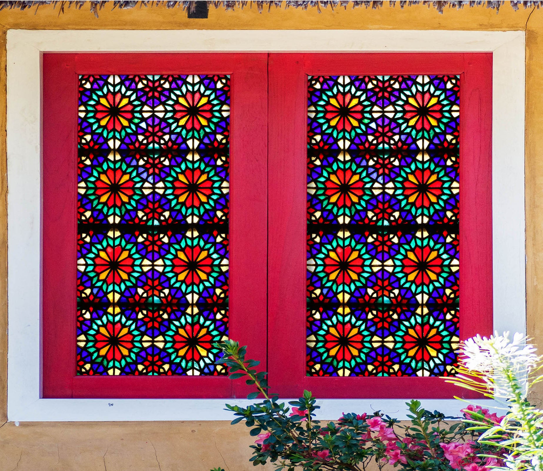 3D Window Grille 372 Window Film Print Sticker Cling Stained Glass UV Block