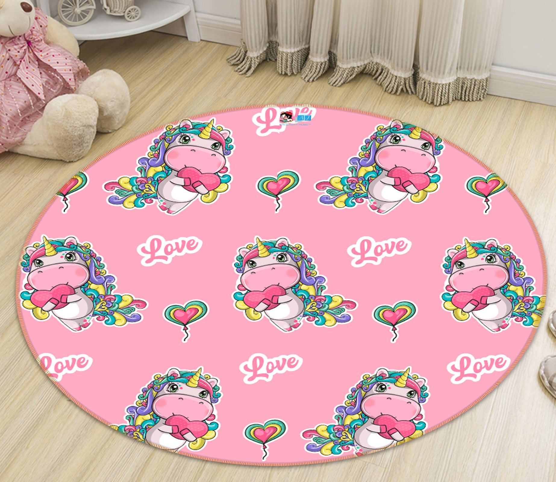 3D Pink Cartoon Unicorn 81075 Round Non Slip Rug Mat