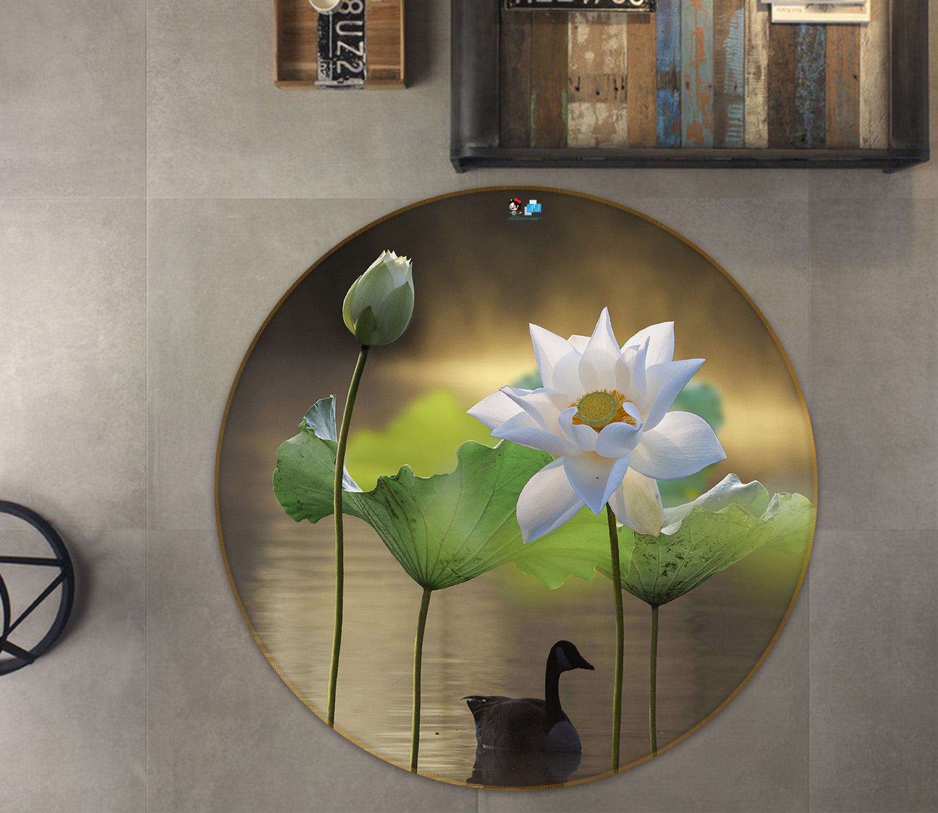 3D White Lotus 71178 Round Non Slip Rug Mat