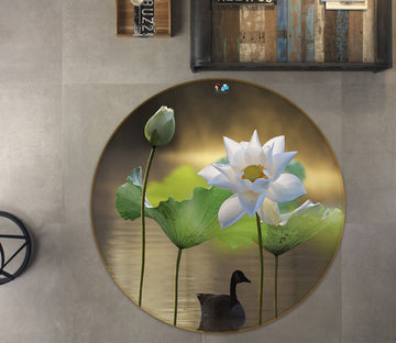 3D White Lotus 71178 Round Non Slip Rug Mat