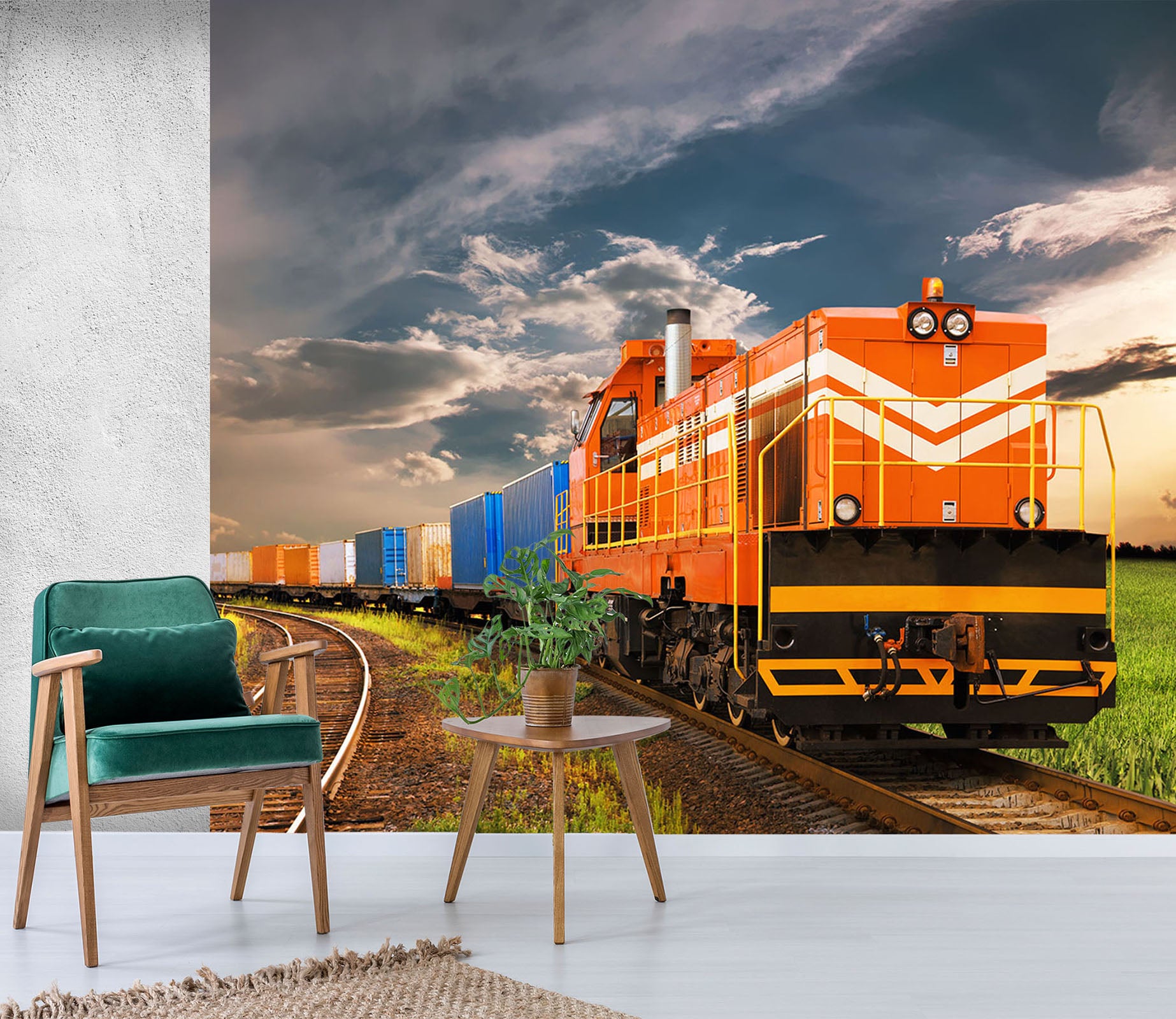 3D Orange Train 155 Vehicle Wall Murals