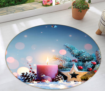 3D Candle Five-Pointed Star 54054 Christmas Round Non Slip Rug Mat Xmas