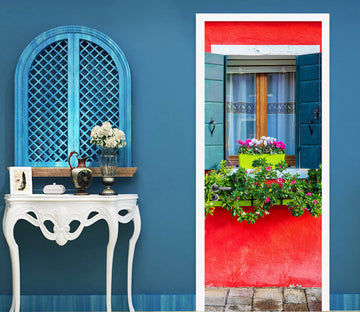 3D Red Window Flowerpot 12223 Marco Carmassi Door Mural
