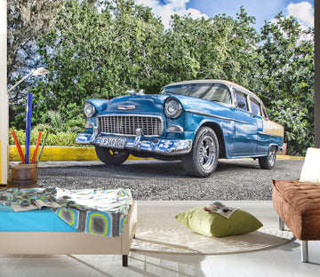 3D Woods Blue Car 095 Vehicle Wall Murals