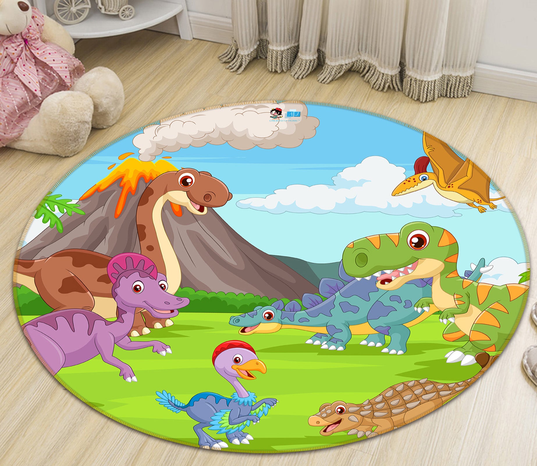 3D Cartoon Dinosaur 81040 Round Non Slip Rug Mat